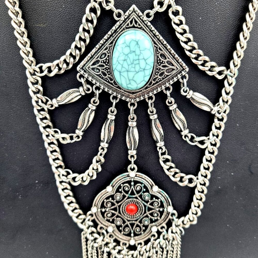 Vtg Boho Statement Necklace Blue & Red Accents Silvertone Chains Gypsy Goth - Picture 4 of 7